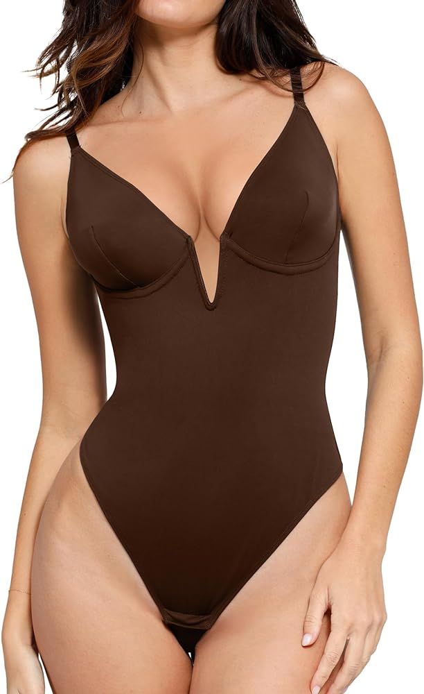 Popilush Bodysuit for Women Tummy Control - Deep V Neck Shapewear Bodysuit Backless Thong Body Su... | Amazon (US)