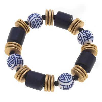Lorelei Blue & White Chinoiserie & Painted Wood Stretch Bracelet in Navy | CANVAS