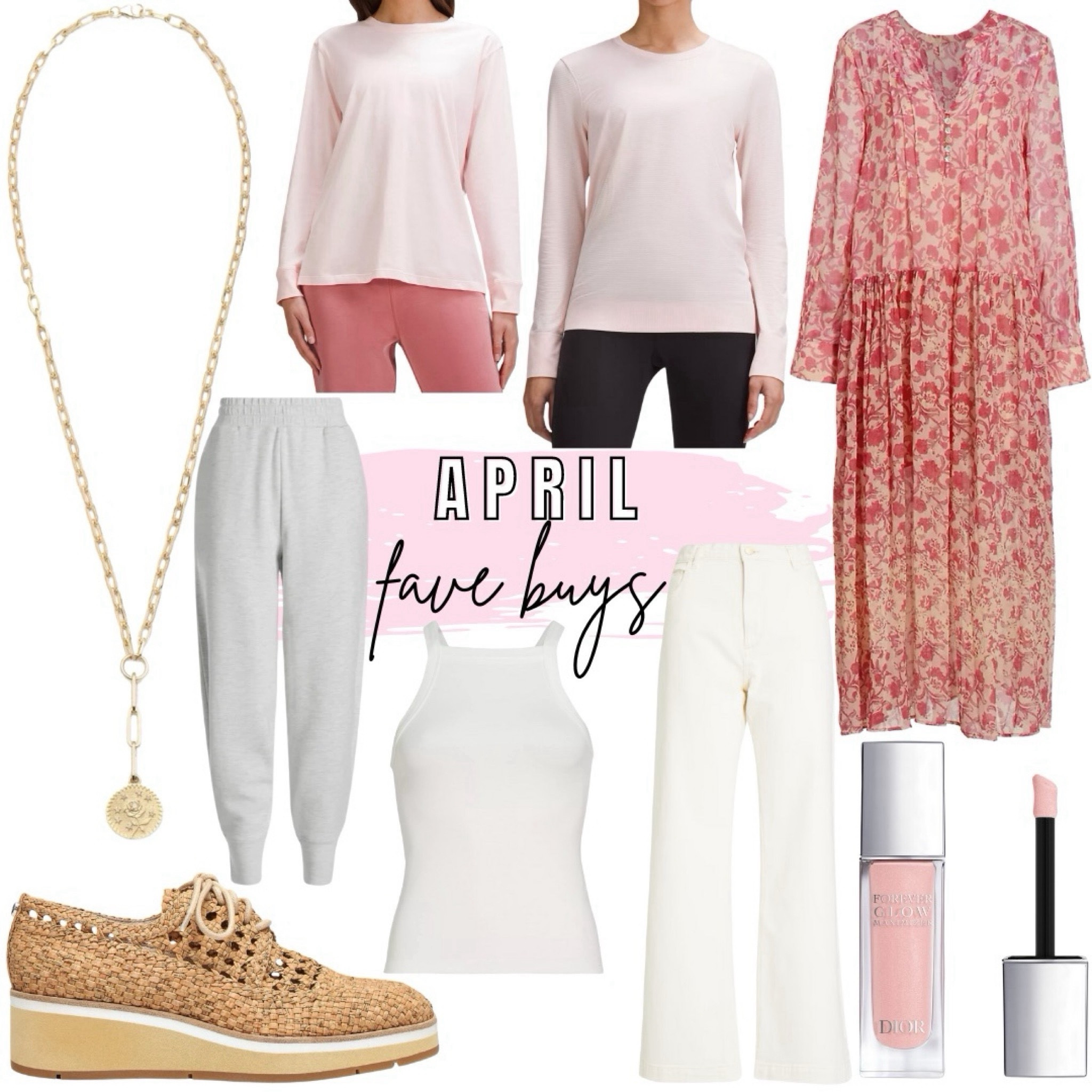 Fave April buys - best wide leg baggy jeans ever in the perfect ecru color, Dior glow, lululemon strawberry milkshake tops, foundrae necklace, perfect white tank, pink floral maxi dress, raffia wedge sneakers, joggers 



#LTKFindsUnder100 #LTKSeasonal #LTKStyleTip