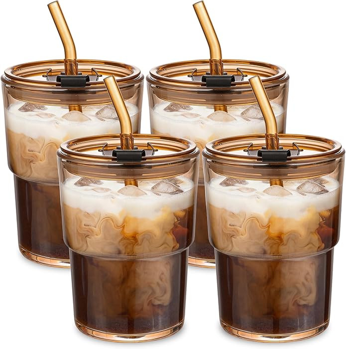 13oz Glass Tumbler with Straw and Lid, Reusable Iced Coffee Cups, Matcha Smoothies Cup, Thick Wal... | Amazon (US)