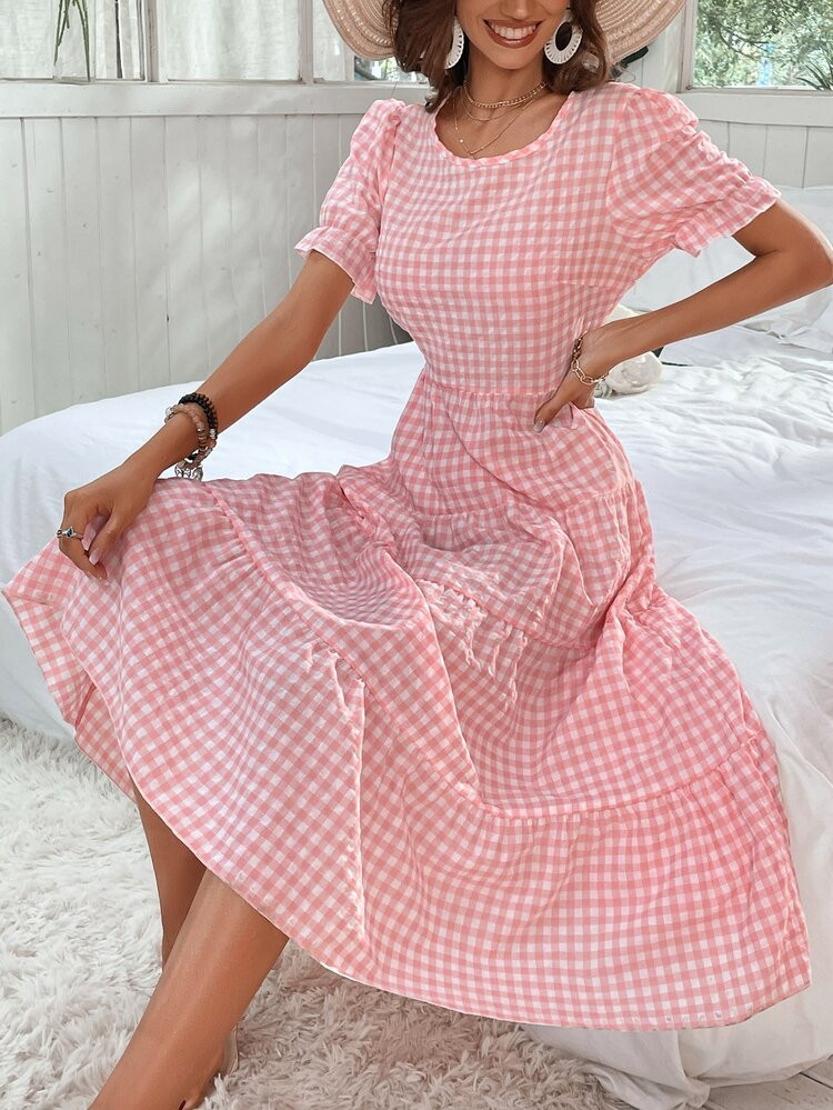 Gingham Puff Sleeve Ruffle Hem Smock Dress | SHEIN