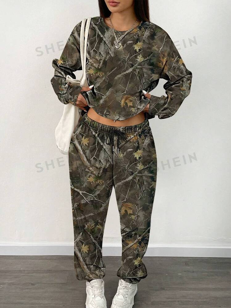 INAWLY 2pcs/Set Women All-Over Print Crew Neck Long Sleeve Top And Drawstring Waist Long Pants, C... | SHEIN