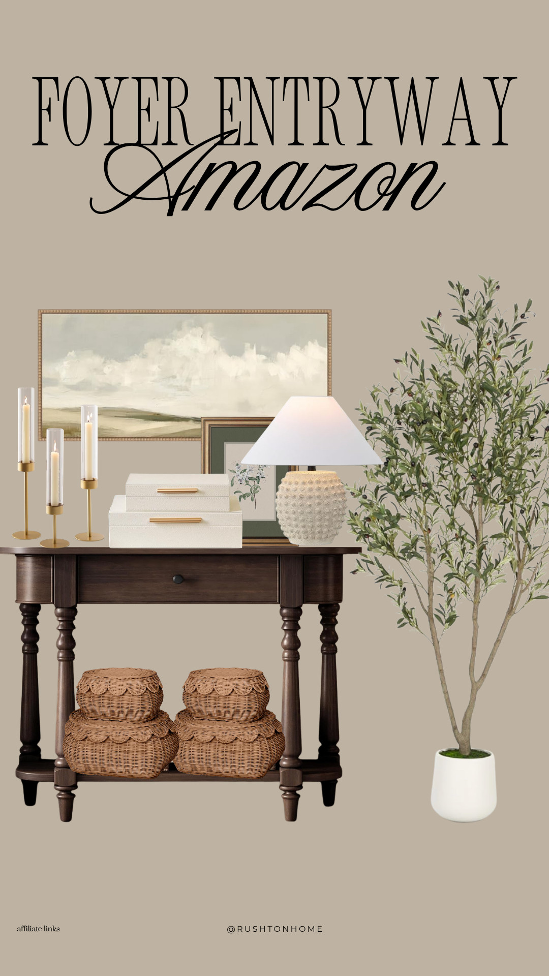 Amazon foyer decor, entryway decor, entryway table styling, console table decor, olive tree decor, faux olive tree, decorative storage boxes, brass candlesticks, table lamp decor, entryway inspiration, modern entryway, organic modern foyer, neutral home decor, foyer decorating ideas, console table styling, woven baskets, framed artwork, Amazon home finds, designer inspired decor, welcoming entryway, luxury home decor 

 #LTKSeasonal #LTKHome