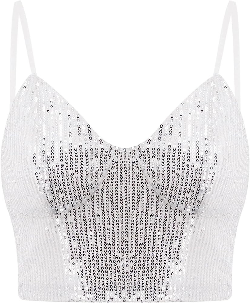 Vimoisa Women Reflective Metallic Tank Top Bustier Spaghetti Strap Crop Top Tight Sleeveless Tube... | Amazon (US)