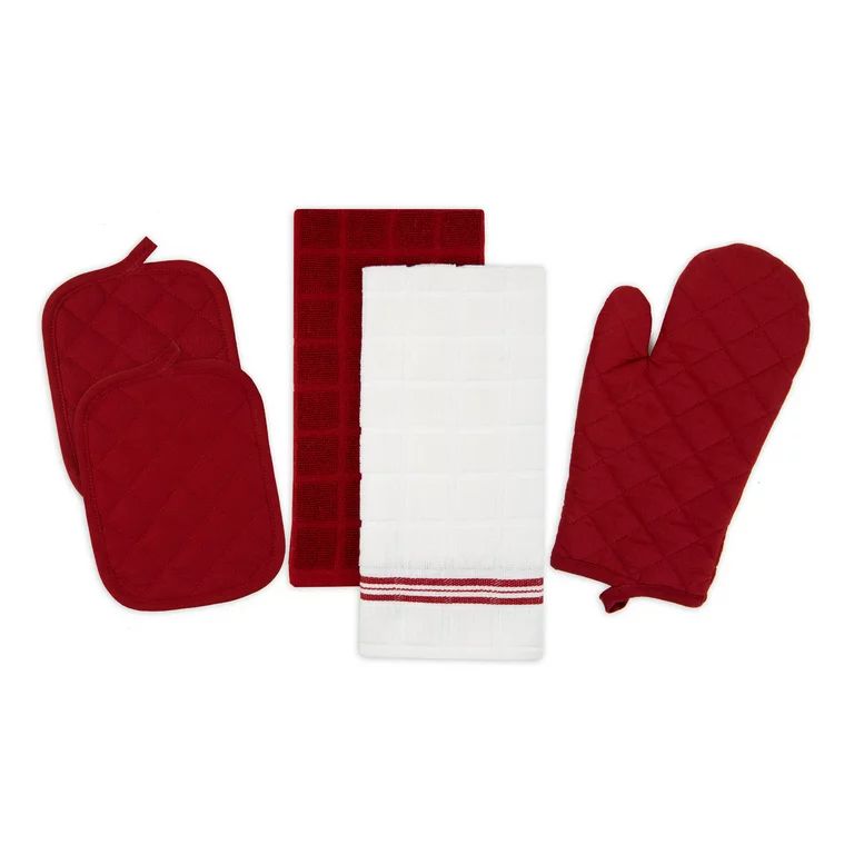 Mainstays Kitchen Towel, Oven Mitt & Pot Holder Kitchen Set, 5 Pack, Red | Walmart (US)