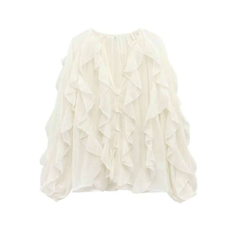 HH 2025 Spring Women Elegant V-Neck Blouse Single-Breasted Women Long Sleeves Laminated Decorative Solid Shirt White | SHEIN