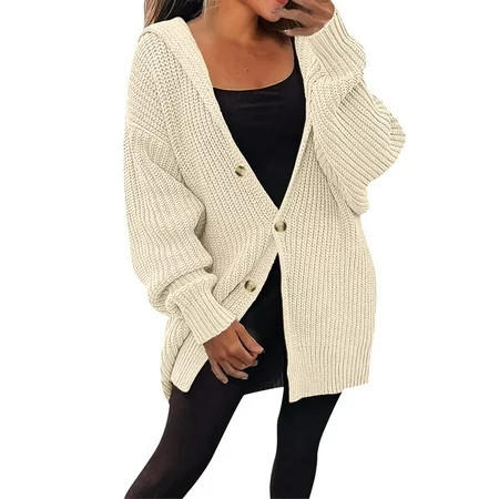 Sopiago Women s Lightweight Button Down Long Sleeve Casual Open Front Soft Knit Fall Cardigan Sweater Hooded Tops Beige M | Walmart (US)