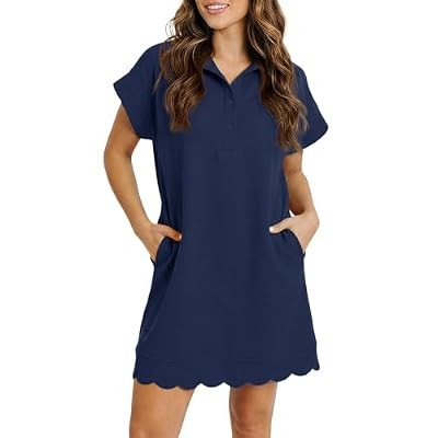 Fisoew Womens Summer T Shirt Mini Dress Short Sleeve Collared V Neck Button Loose Active Dress… | Amazon (US)
