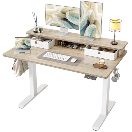 TIQLAB Standing Desk with Two Drawers, Stand Up Standing Desk Adjustable Height, Electric Sit Stand Table with Storage Shelf and Splice Board, 48 * 24 inch, Maple | Amazon (US)