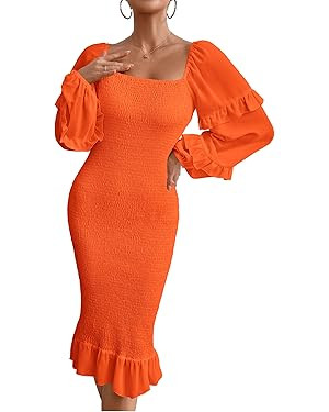 PRETTYGARDEN Women's Long Puff Sleeve Floral Midi Bodycon Dresses Square Neck Ruffle Mermaid Smoc... | Amazon (US)