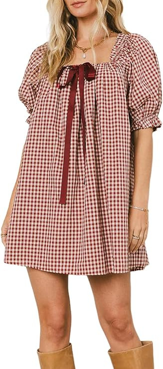 Women's Plaid Babydoll Short Dress Puff Sleeve Cute Tie Mini Dress Gingham Spring Dresses | Amazon (US)