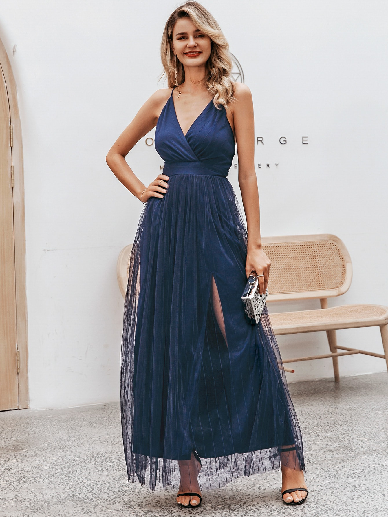 Simplee Crisscross Back Split Thigh Mesh Prom Dress | SHEIN