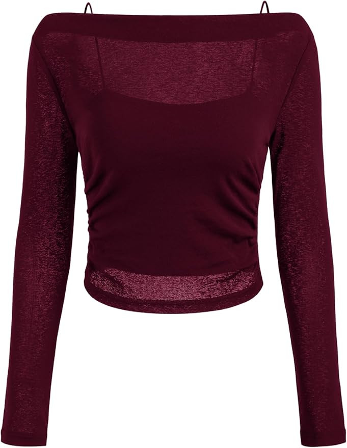 CIDER Oberteile Damen Langarmshirt Durchsichtiges Crop Top Slim Fit Boot Ausschnitt Cami Set Figu... | Amazon (US)