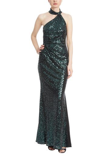 Emerald Sequin Asymmetrical Halter Gown | Badgley Mischka