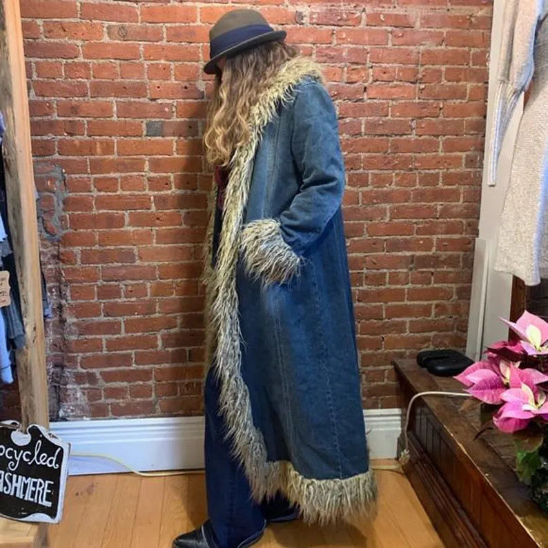 Women's Denim With Fur Trench Coat | Blue Denim Fur Penny Lane Long Coat | Ladies Fur Shearling F... | Etsy (US)