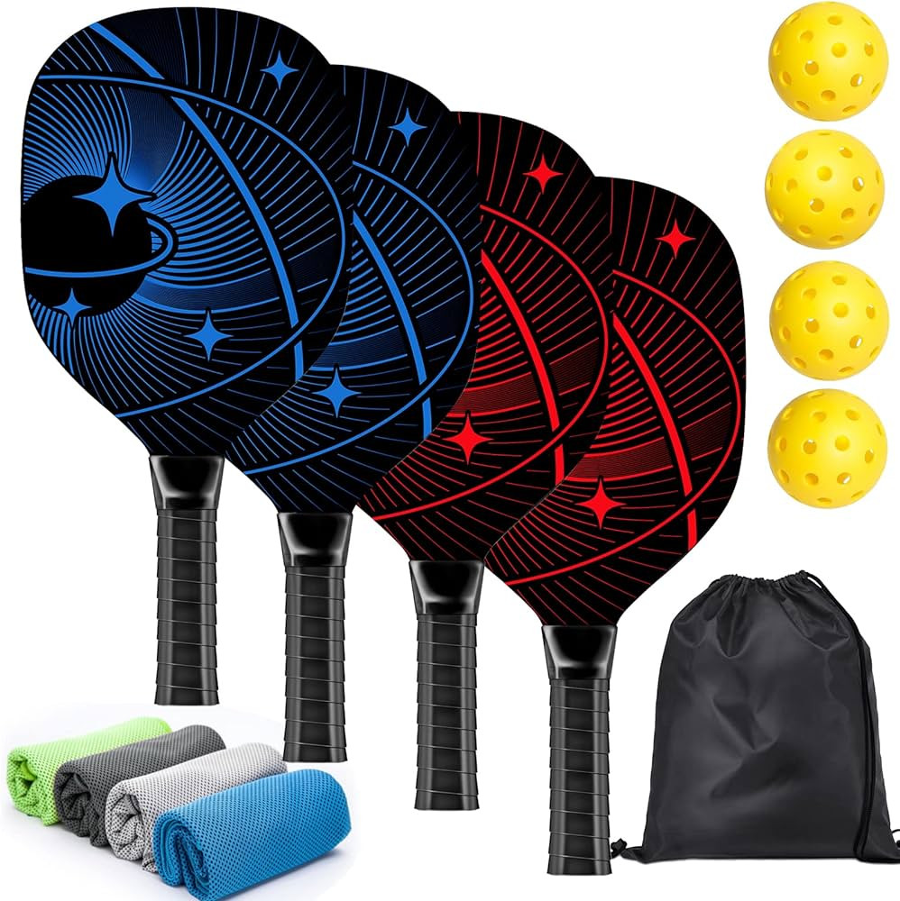 Pickleball Paddles, Pickleball Set with 4 Premium Wood Pickleball Paddles, 4 Pickleball Balls, 4 ... | Amazon (US)