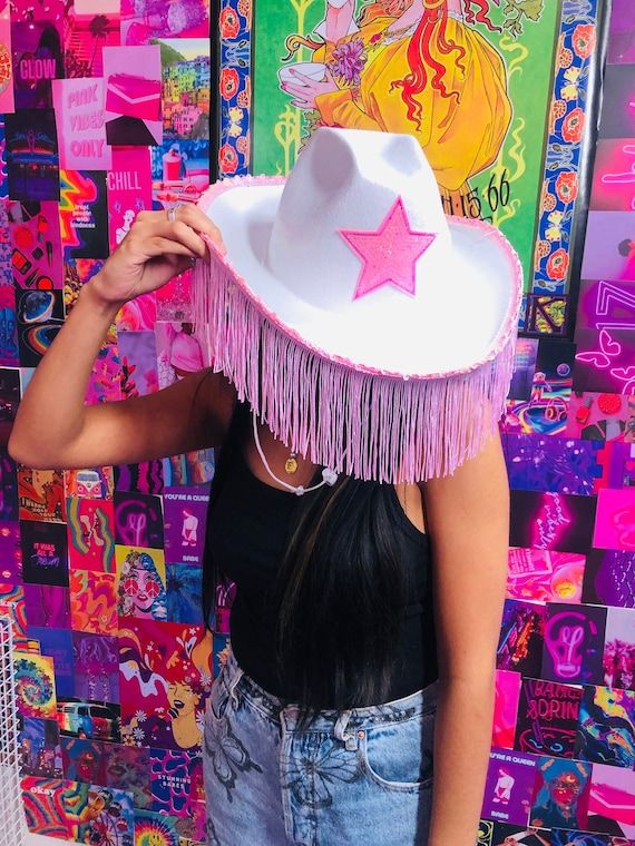 Rave Babe Big Star Light Pink Cowgirl fringe hat | Etsy (US)