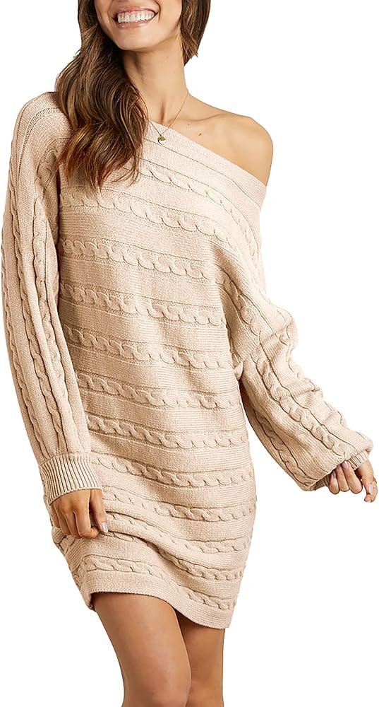 KIRUNDO Women's 2023 Fall Winter Off Shoulder Sweater Dress Cable Knit Long Sleeve Casual Loose O... | Amazon (US)
