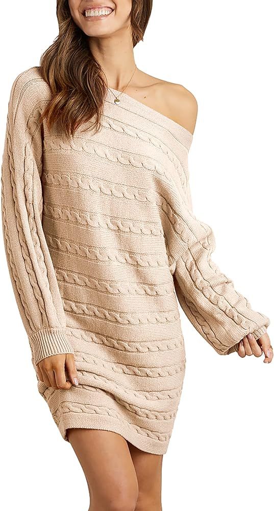 KIRUNDO Women’s Off Shoulder Sweater Dress Cable Knit Long Sleeve Casual Loose Oversized Pullov... | Amazon (US)
