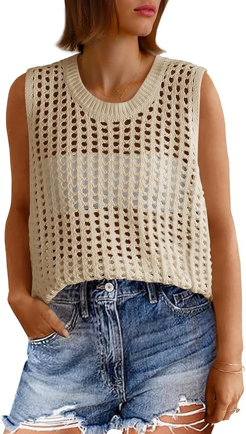 Fisoew Womens Summer Crochet Tank Tops Sleeveless Scoop Neck Loose Knit Sweater Vest Boho Hollow ... | Amazon (US)