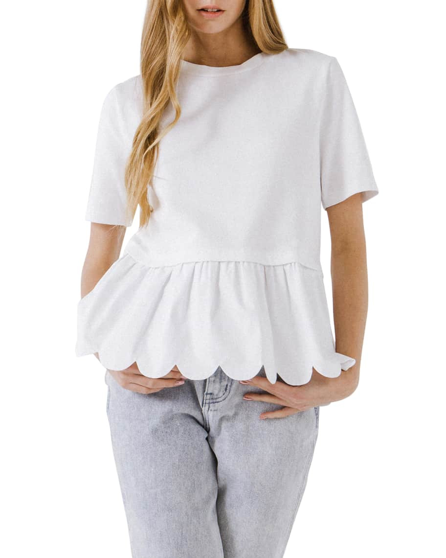 English Factory Scalloped Mixed Media T-Shirt | Neiman Marcus