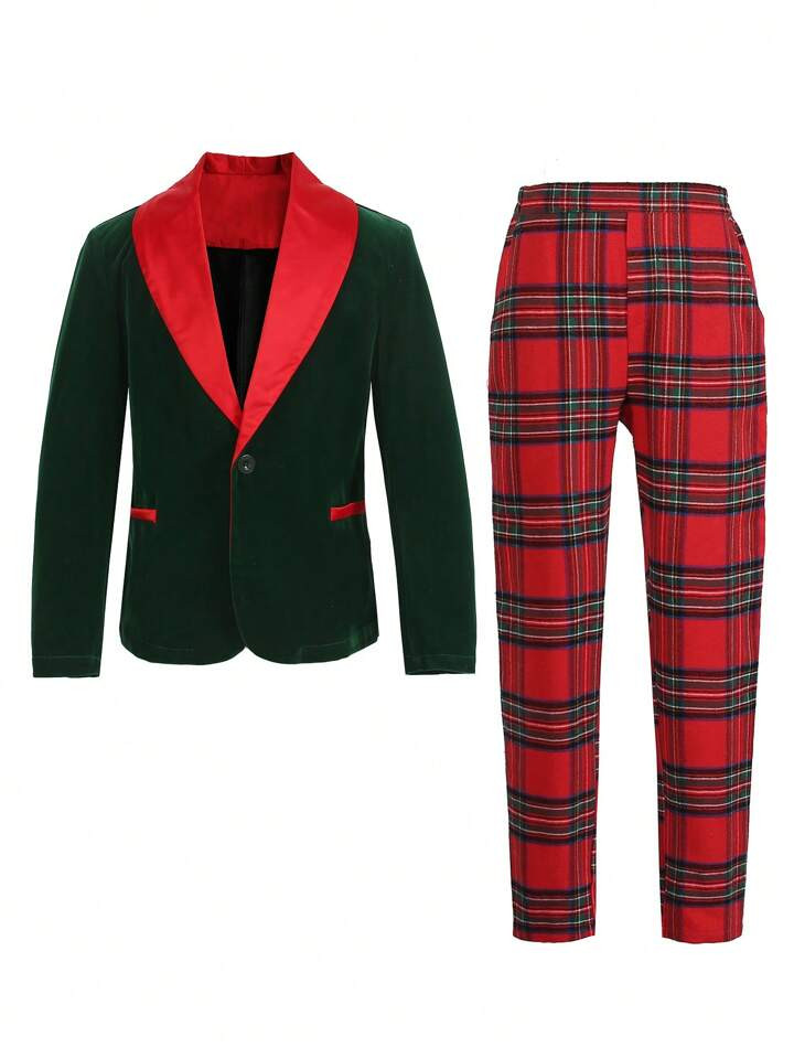 2pcs Kids/Teens Dark Green Gentleman's Outfit, Holiday Party Christmas Suit | SHEIN