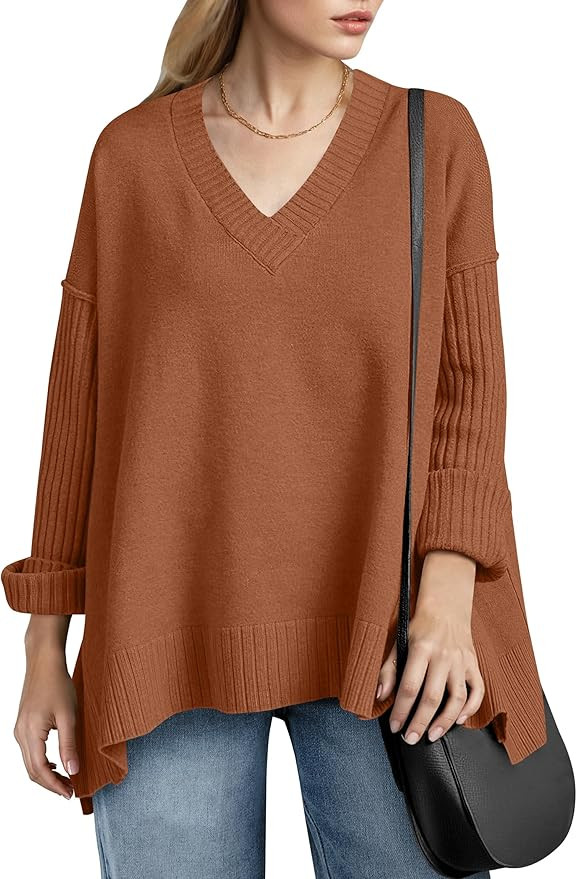 Caracilia Women’s V Neck Oversized Sweaters 2024 Fall Long Batwing Sleeve Spilt Hem Tunic Pullo... | Amazon (US)
