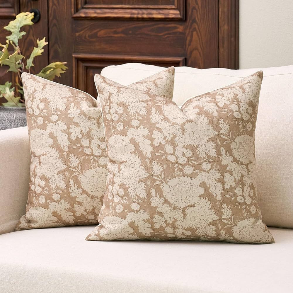 DOMVITUS Floral Pillow Covers 18x18 Set of 2, Vintage Block Print Pillow Covers Neutral Decorativ... | Amazon (US)
