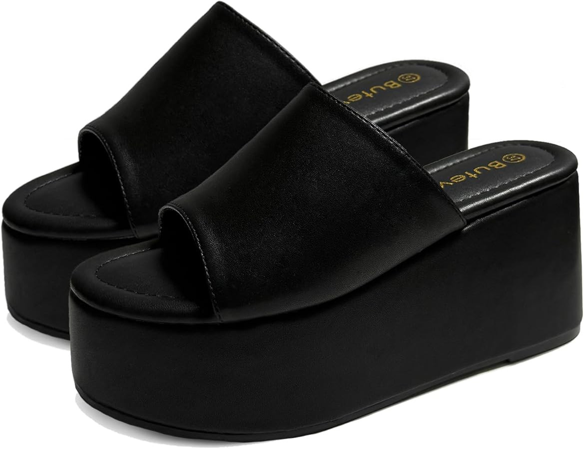 Platform Sandals Slides for Women Black Chunky Platform Wedge Comfortable Open Toe Slip on Flatfo... | Amazon (US)