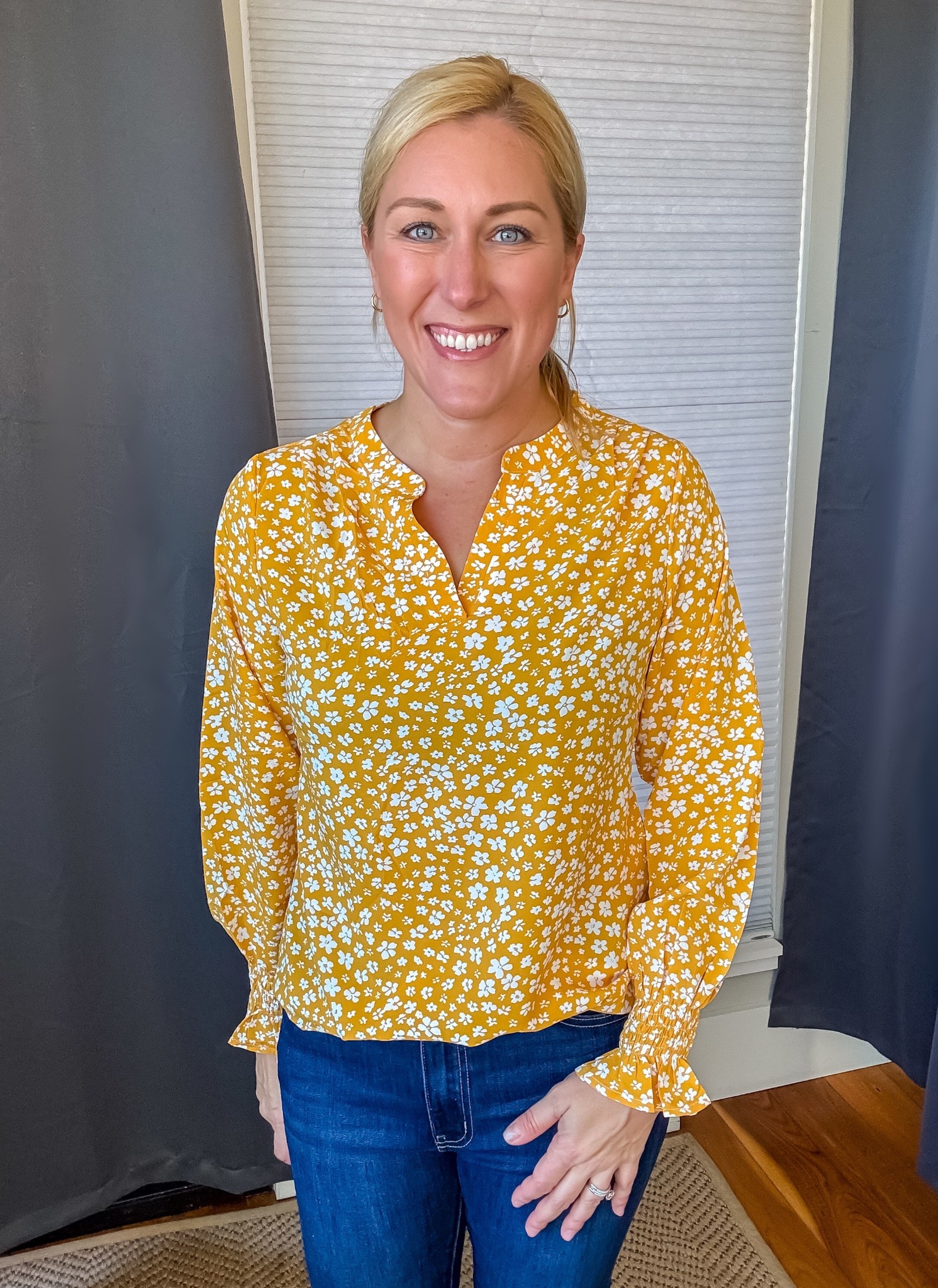 If ever there was a perfect top for Spring, this is it! Such a pretty, lightweight fabric and I love the sleeves. Comes in a bunch of colors, but sizes are selling out fast!