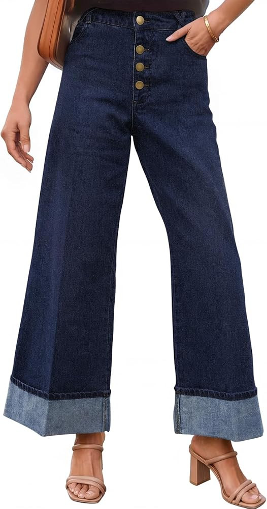 MEROKEETY Wide Leg Jeans Women 2026 Baggy Trendy Mid Rise Button Fly Straight Leg Turned-up Hem D... | Amazon (US)