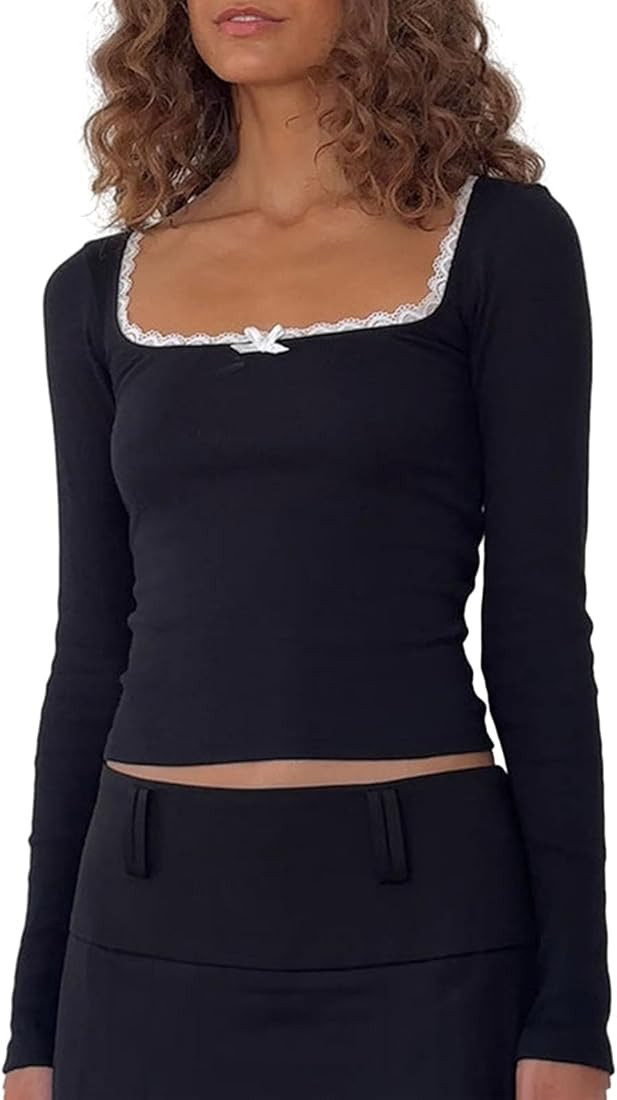 Womens Y2k Square Neck Tops Lace Trim Long Sleeve Shirts Slim Fit Bow Front Basic Shirts 2025 Fal... | Amazon (US)