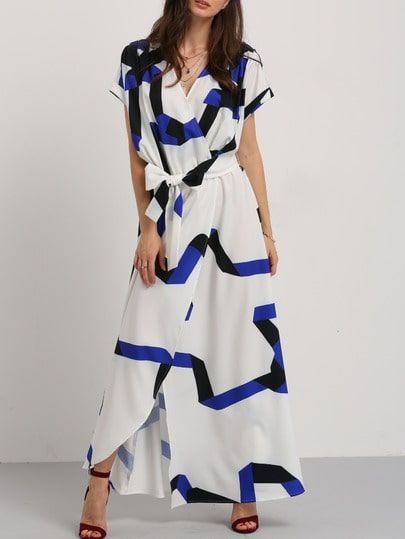 Blue Stripe In White Self-tie Waist Maxi Dress | SHEIN