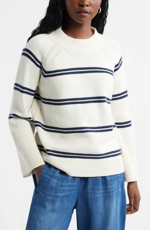 caslon(r) Bell Sleeve Mock Neck Merino Wool & Cotton Sweater in Ivory- Navy Duo Stripe at Nordstrom, Size Large | Nordstrom