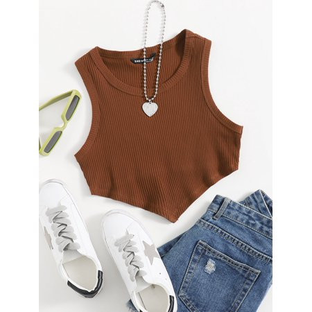 Coffee Brown Asymmetrical Hem Rib knit Crop Tank Top | Walmart (US)