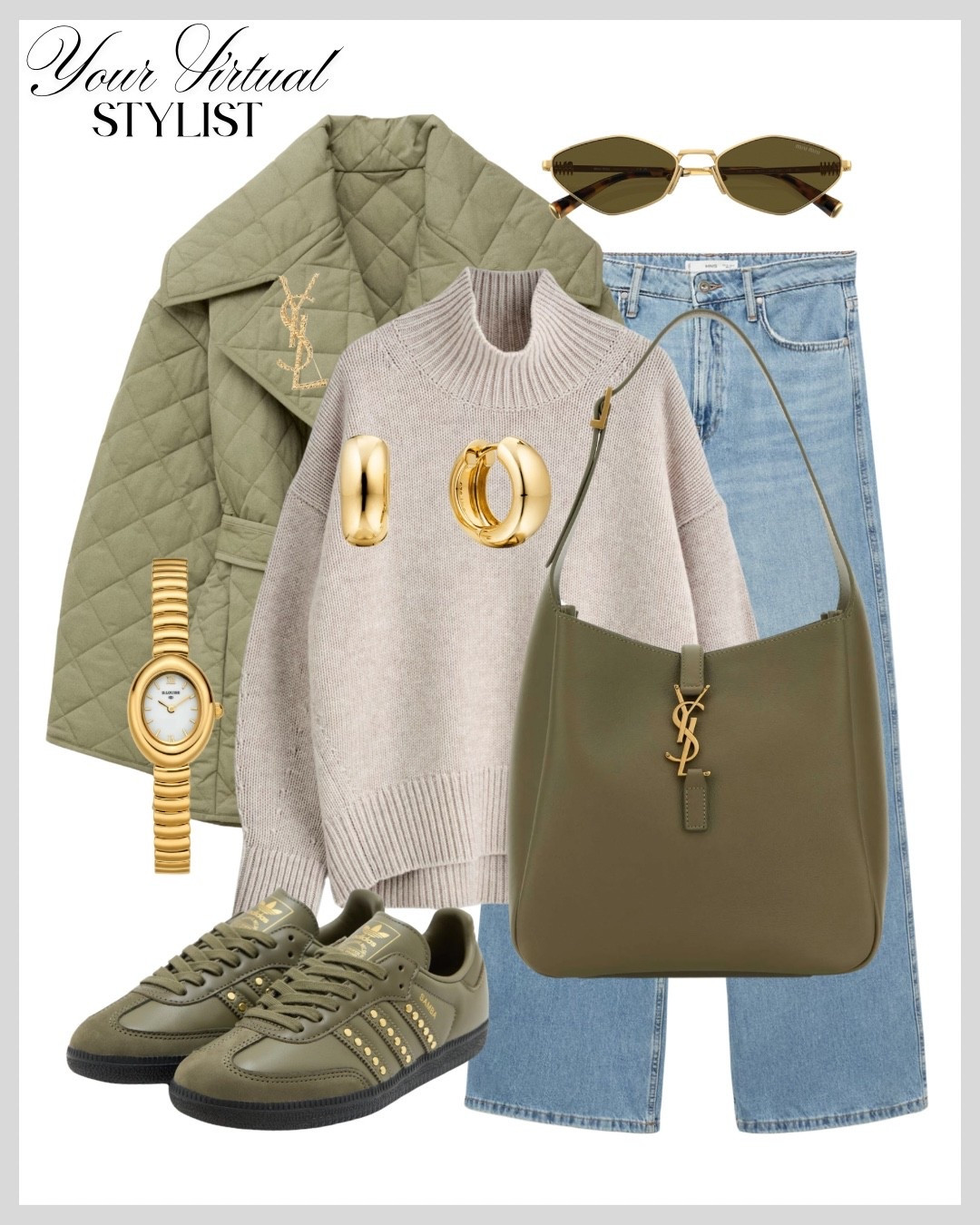 Soft neutrals meet olive tones: a cozy knit, quilted jacket, and matching accessories for a refined, elevated casual look✨

#LTKbag #LTKautumn #LTKjeans