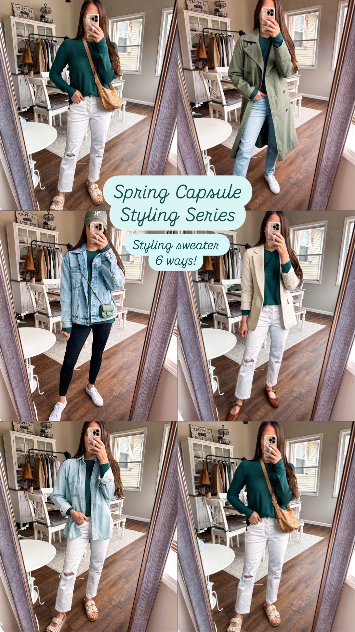 Spring capsule styling series! This deep sage green sweater from GAP is on sale for only $8.10 🤯 and so good! Wearing size XS. Lightweight for spring! 
All denim tts short option
Legging a small short 
Trench jacket XS 
Blazer XS 
Chambray top XS 
Denim jacket small 
All shoes tts 

#LTKFindsUnder100 #LTKFindsUnder50 #LTKStyleTip