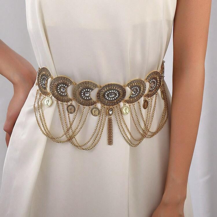 Exotic Waist Accessory Belt Retro Alloy Hollow Carved Rhinestone Coin Tassel Waist Chain For Women's Dresses, Long Dresses, Gowns, Perfect For Parties And Vacations, Easily Enhances Style And Texture | SHEIN