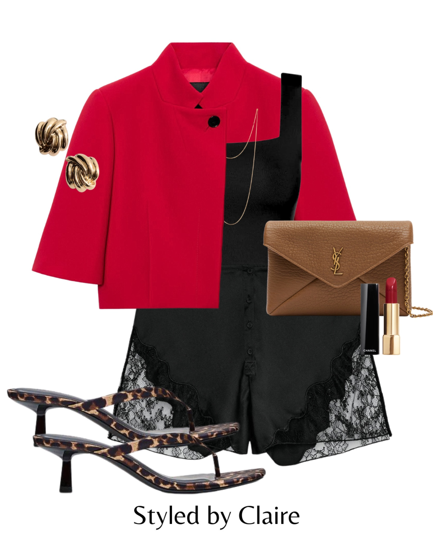 DATE NIGHT INSPO❤️‍🔥
Tags: new in Zara red blazer short sleeve satin lace trim shorts leopard thong heels ysl clutch gold jewelry fashion holiday vacation Parisian style vibe summer spring 


#LTKdatenight #LTKstyletip #LTKsummer