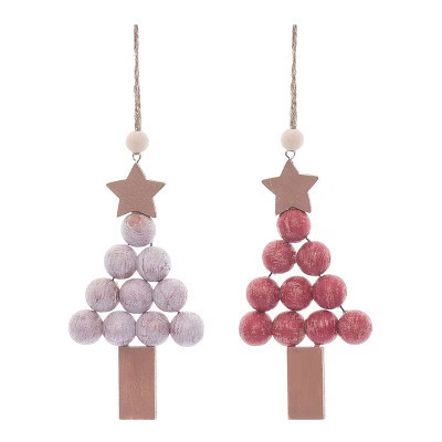 Transpac Christmas Holiday Pink Beaded Tree Wood Ornament Set of 2 5.2H Inches Perfect for Winter Decor | Target