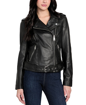 Women's Asymmetric Belted Leather Moto Jacket | Macy's