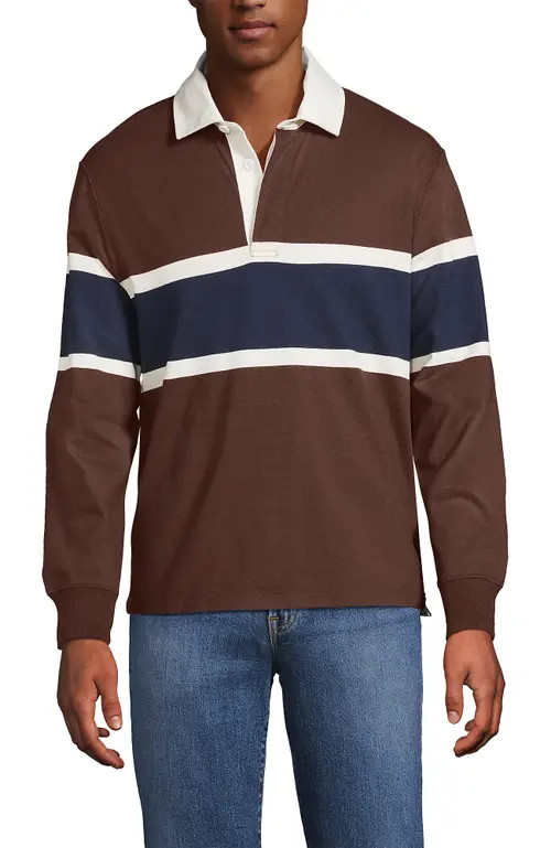 Lands' End Long Sleeve Rugby Shirt in Dark Walnut Brown/navy Stripe at Nordstrom, Size X-Small | Nordstrom