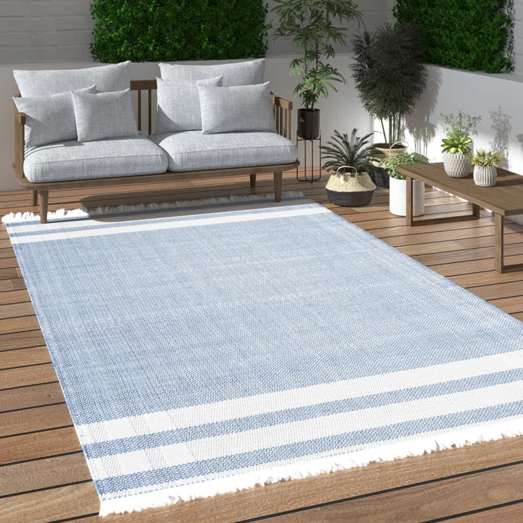 Elena Handwoven Striped Blue/White Indoor/Outdoor Performance Rug | Wayfair North America