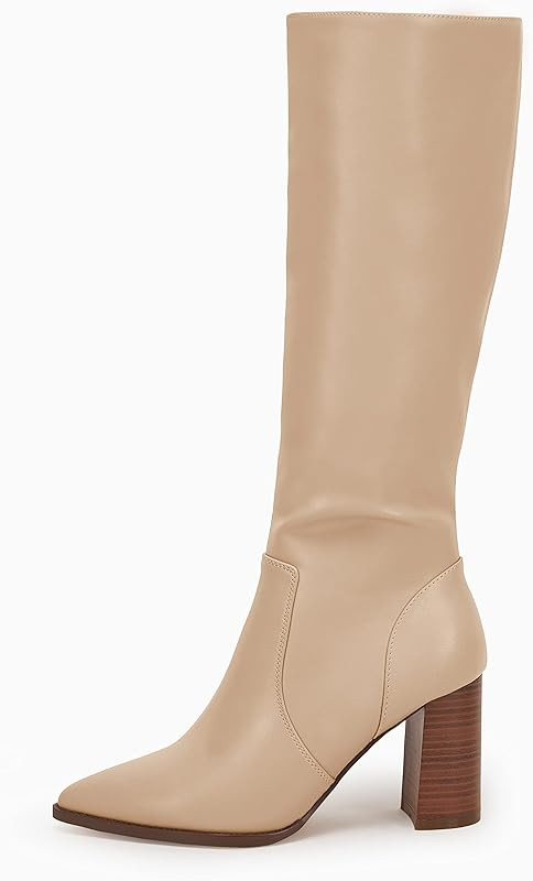 Coutgo Women’s Knee High Boots Chunky Block Heel Pointed Toes Full Side Zipper Boots | Amazon (US)