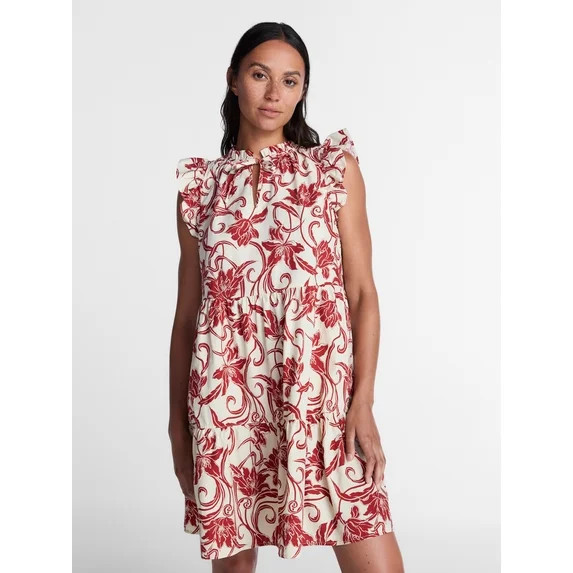 Time and Tru Women's and Women's Plus Tiered Cotton Mini Dress with Flutter Sleeves, Sizes XS-4X | Walmart (US)