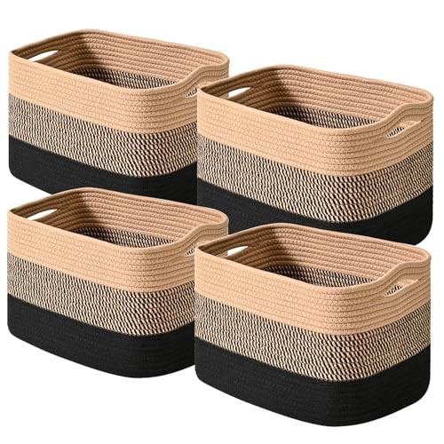 ICERZCZ Storage Baskets for Shelves Organizing, Woven Cotton Rope Baskets for Storage, Book Basket, Towel Basket, 12.5"Lx9.1''Wx7.9''H (4 Packs) Gradient Black & Jute | Amazon (US)