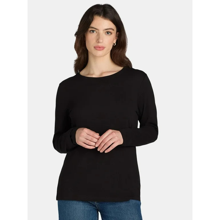 Time and Tru Women's Cotton Crewneck Tee with Long Sleeves, Single and 3 Pack, Sizes XS-XXXL | Walmart (US)