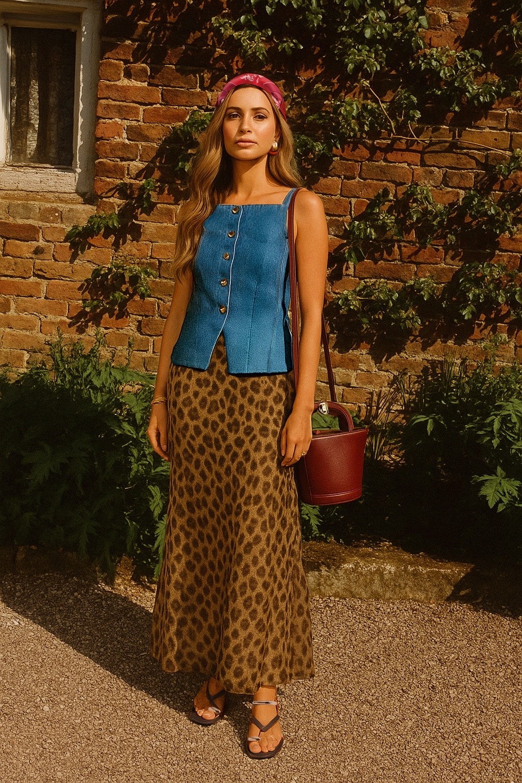 Leopard & denim 🩵🐆

A stylish young woman stands outdoors against a brick wall with green ivy, wearing a fitted denim waistcoat with gold buttons and princess seams, paired with a sheer leopard-print maxi skirt. She accessorises with a red printed headscarf, sculptural gold earrings, and a burgundy bucket crossbody bag with gold hardware. Her dark sandals feature a toe ring and delicate gold strap detailing, completing the chic holiday look. AI created, influencer, denim waistcoat, leopard print skirt, sheer maxi skirt, holiday outfit, summer fashion, city break style, burgundy bucket bag, gold earrings, sculptural earrings, headscarf look, chic city outfit, modern boho look, crossbody bag, sleeveless denim top, gold button details, vacation style, resort wear, casual glam outfit, effortless chic, European summer fashion, statement accessories, trendy sandals, toe ring sandals, strappy shoes, summer outfit inspiration, street style, feminine fashion, fashion blogger style, travel outfit, natural sunlight, pattern scarf, designer bag, fashion forward look, elegant casual wear, minimal makeup, chic layering, ootd, holiday outfit, brunch outfit, city break

#LTKuk #LTKsummer #LTKdatenight