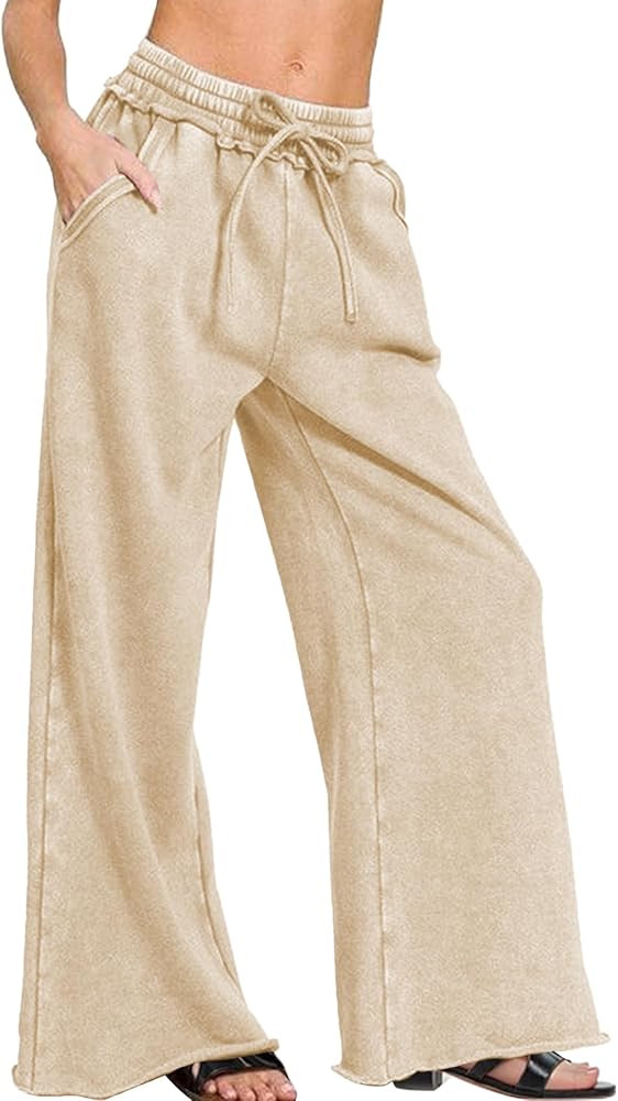 Ainangua Women Acid Wash Palazzo Sweatpants Casual High Waist Drawstring Wide Leg Pants Baggy Fle... | Amazon (US)