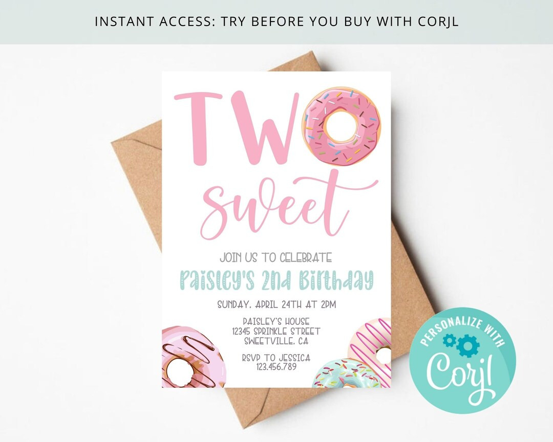 Two Sweet Donut 2nd Birthday Girl Invitation, Pastel Colored Donuts and Sprinkles, Editable & Pri... | Etsy (US)